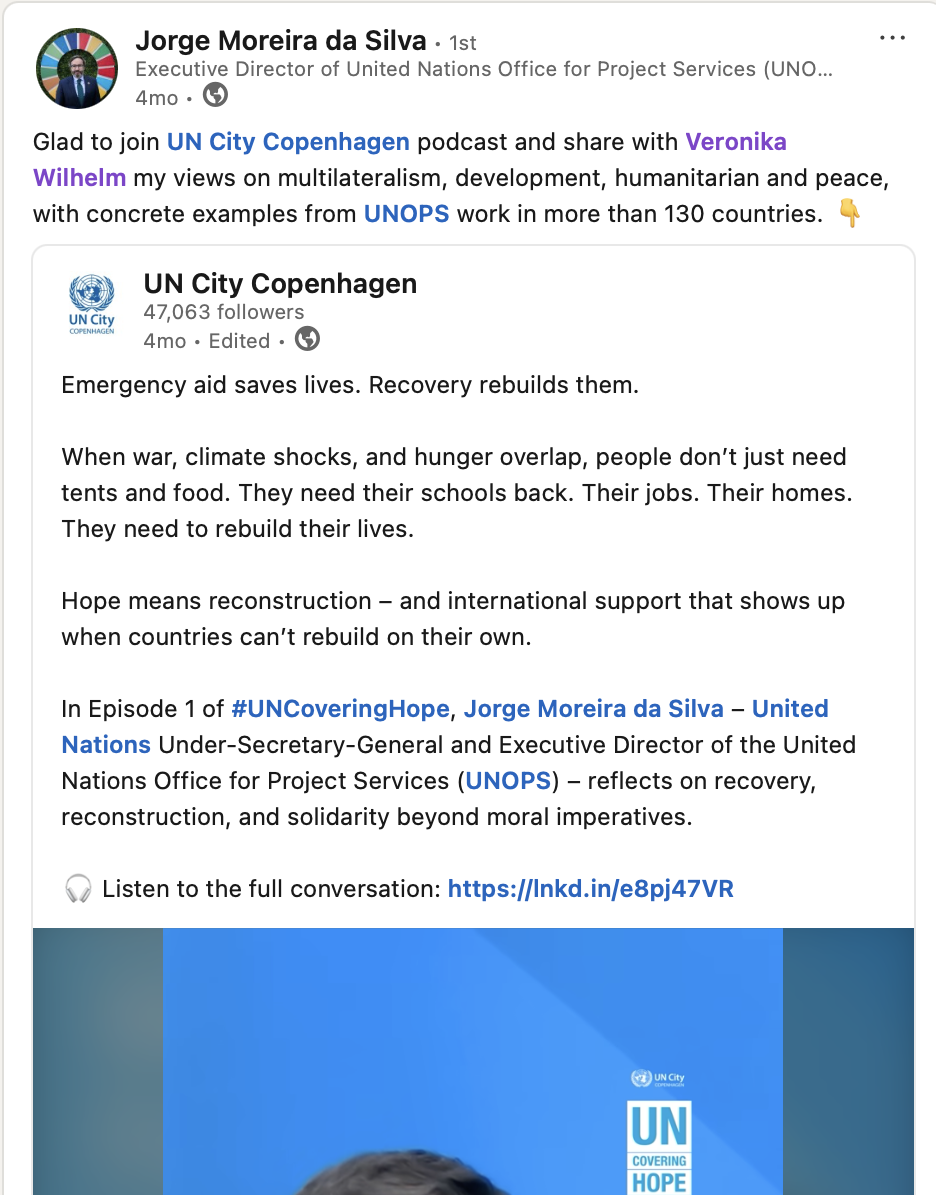 LinkedIn post by Jorge Moreira da Silva about UNCovering Hope podcast