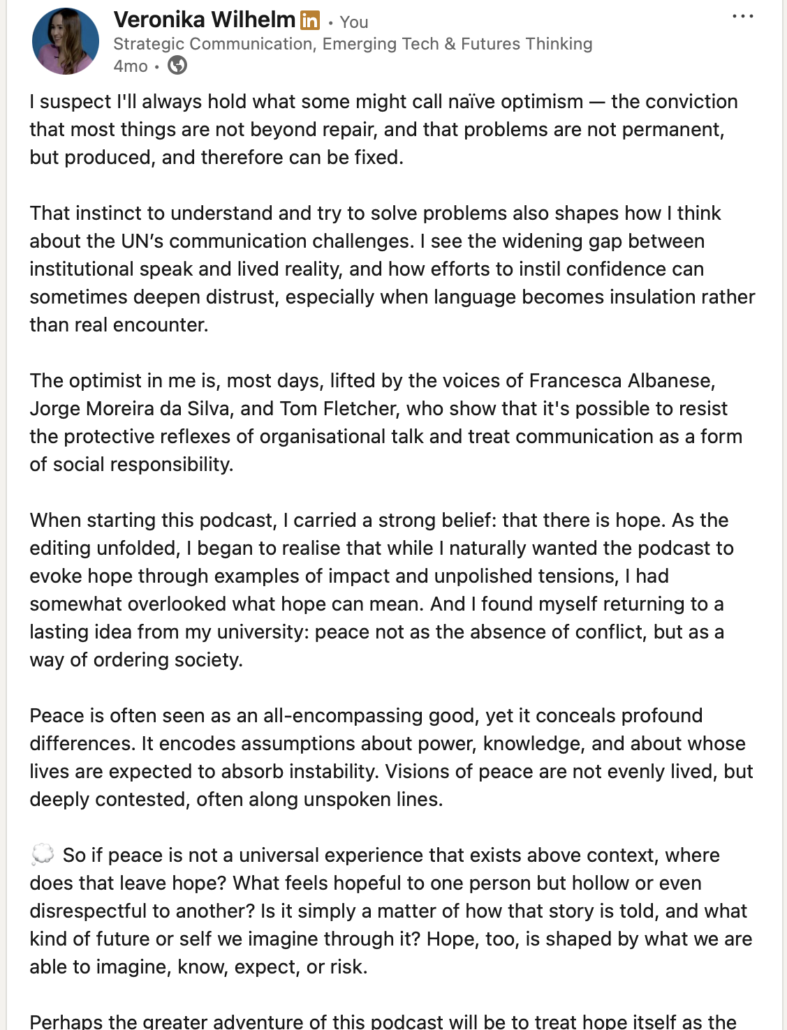 LinkedIn post about UNCovering Hope podcast
